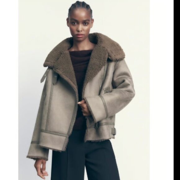 ZARA NEW WOMEN FAUX LEATHER SHEARLING DOUBLE-FACED BIKER JACKET GRAY 3548/243 - Picture 2 of 15